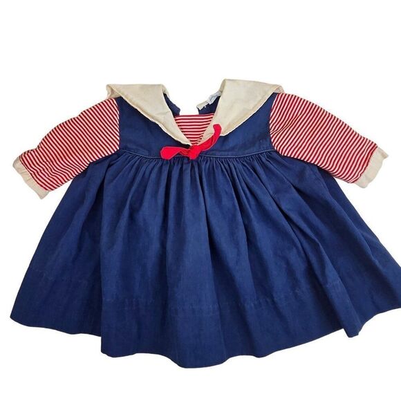 Vintage Nanette Infant Girls Dress 6-9 Mo Nautical Sailor Blue Red - Picture 1 of 7